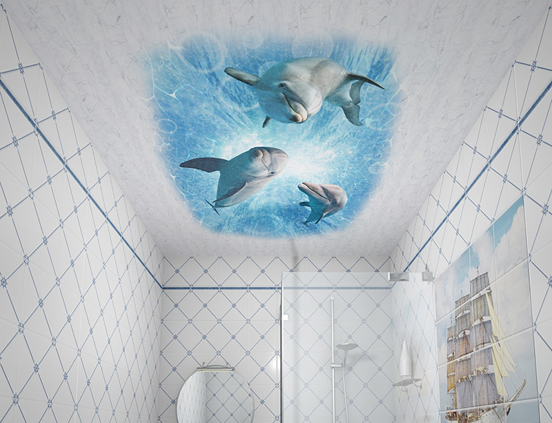 Потолок 3D в ванной в интерьере